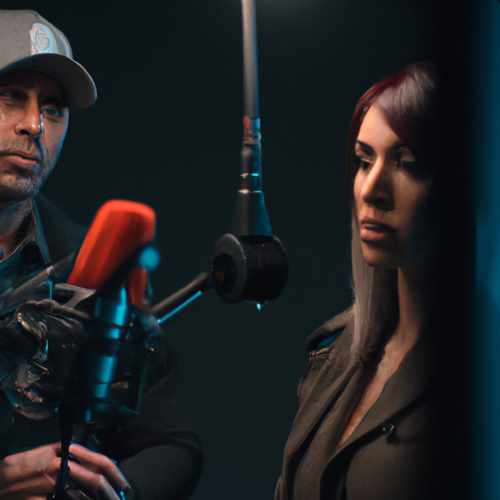 Editor interviewing a subject in a Vancouver studio with microphones and warm light